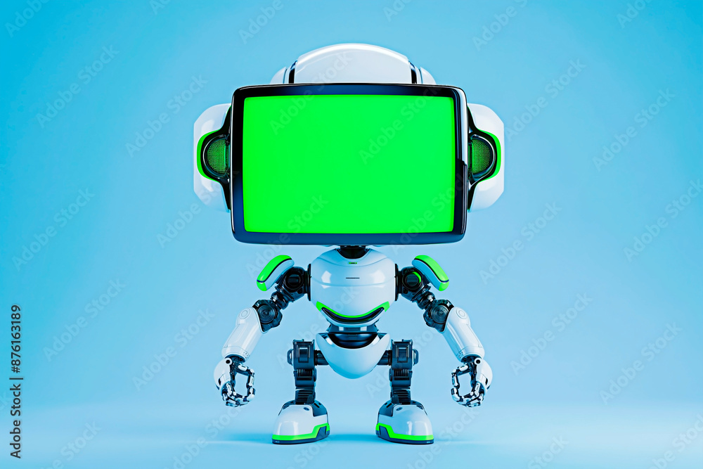 Futuristic robot with green chroma key head isolated on blue background. Sleek robot offering customizable screen. Futuristic robot with green chroma key head isolated on blue background. Sleek robot offering customizable screen.