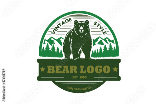 Vintage style bear logo. Retro type bear in a hillside