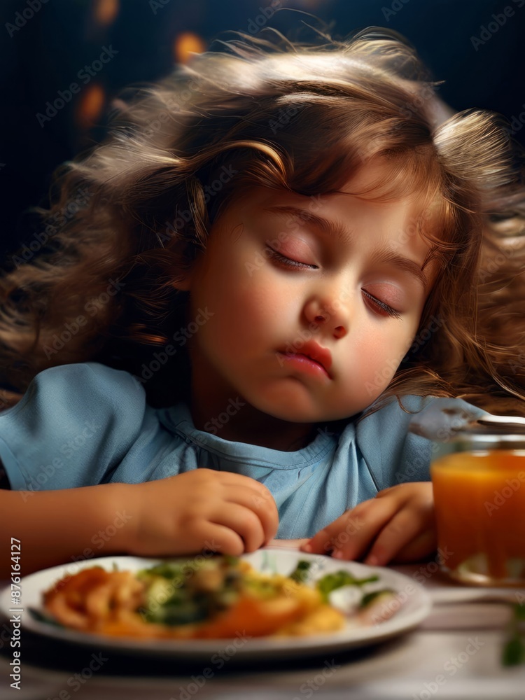 Tired little girl fell asleep while eating. Generated by AI.