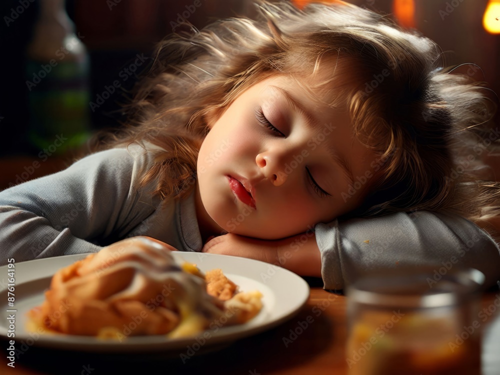 Tired little girl fell asleep while eating. Generated by AI. Tired little girl fell asleep while eating. Generated by AI.