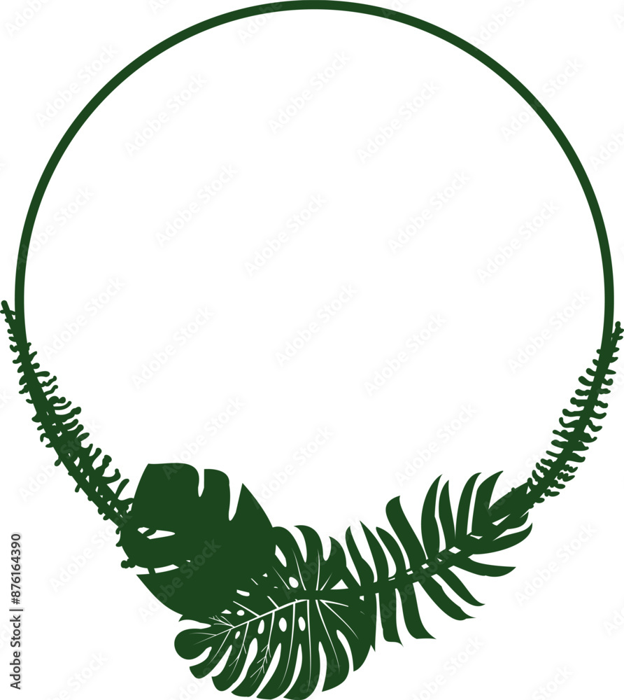 Obraz premium Green Circular Frame Design with Tropical Leaves. Elegant Botany Border with Exotic Leaves for Invitation, Wedding Cards