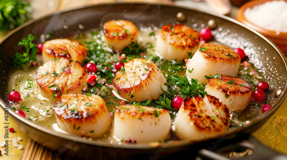 A pan frying scallops in butter, coarse salt on the side, parsley and pink berries on a yellow table A pan frying scallops in butter, coarse salt on the side, parsley and pink berries on a yellow table