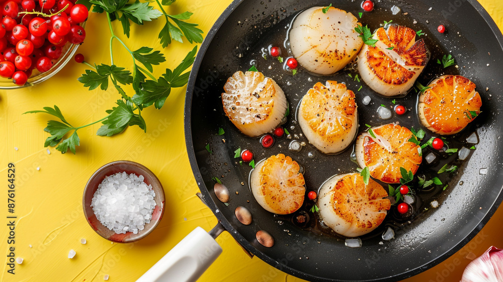 A pan frying scallops in butter, coarse salt on the side, parsley and pink berries on a yellow table A pan frying scallops in butter, coarse salt on the side, parsley and pink berries on a yellow table