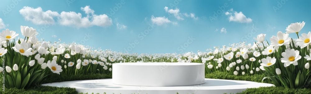 A banner for advertising. The podium floral product is white. A banner for advertising. The podium floral product is white.