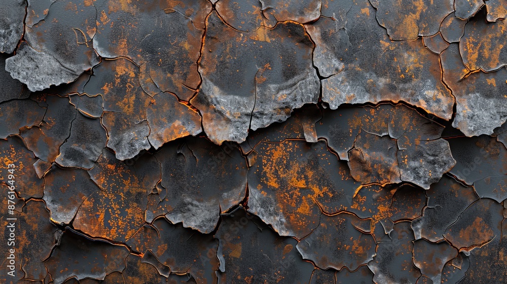 Detailed view of a surface with a pattern of rust and cracked paint, combining textures and colors to create an intriguing representation of aging and natural decay. Detailed view of a surface with a pattern of rust and cracked paint, combining textures and colors to create an intriguing representation of aging and natural decay.