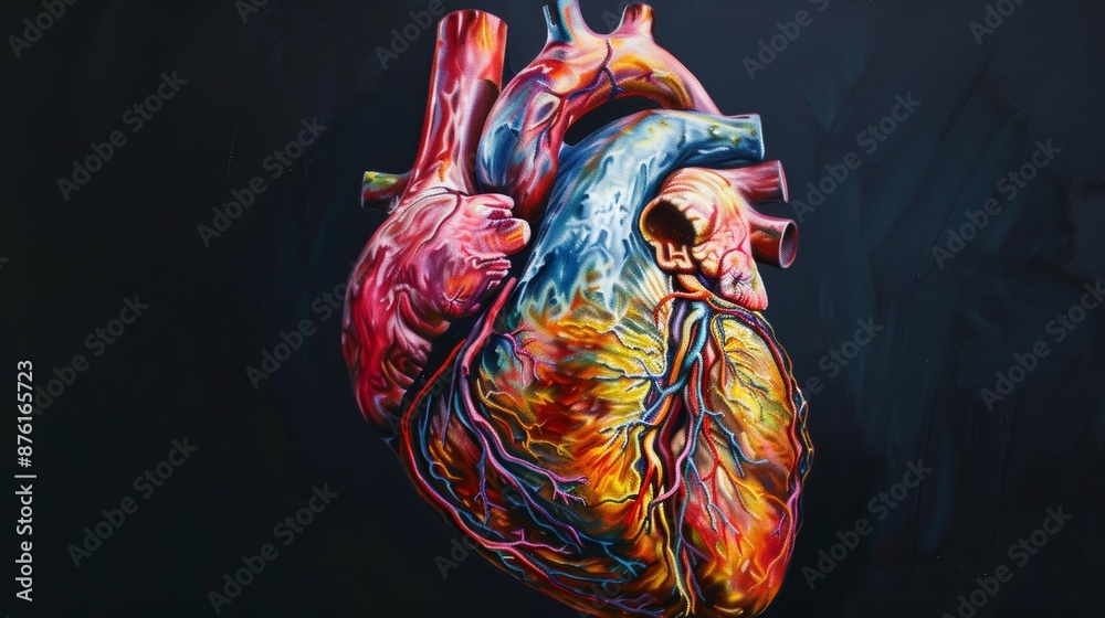 Naklejka premium Vivid Realistic Painting of the Human Heart Highlighting Exterior and Interior Details