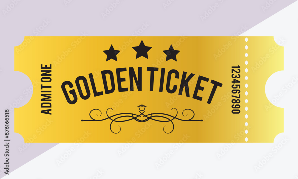 Golden ticket template for entry. Vector cinema ticket mockup (tear-off ...