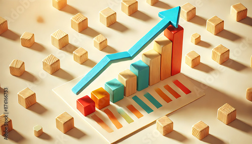 Concept visuel de progrès avec des blocs de bois avec flèche ascendante