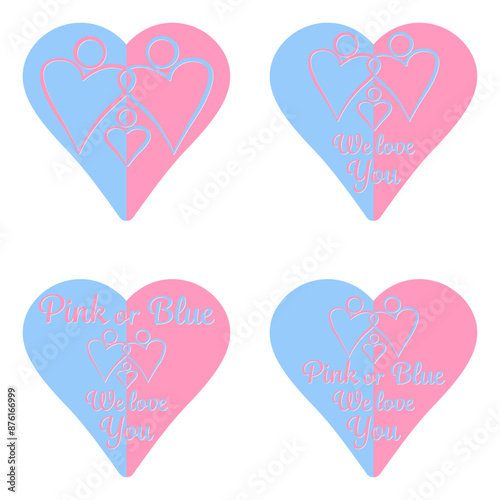 Pink or blue. We love you. Celebration stickers for gender reveal party. Boy or girl. He or she. Know gender of unborn child. Baby Shower party decor.
