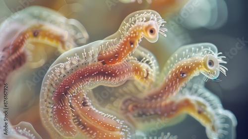 Generate a high-resolution image of parasites under a microscope, showing their detailed anatomy and surface features photo