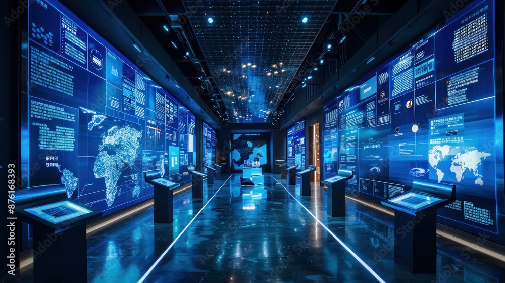 Futuristic Data Center Exhibit with Interactive Displays