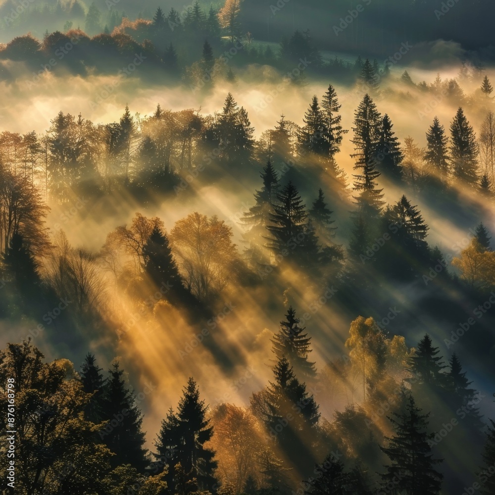 Mystical autumn fog aerial view, black forest foggy hills, morning sun rays, enchanting misty landscape Mystical autumn fog aerial view, black forest foggy hills, morning sun rays, enchanting misty landscape
