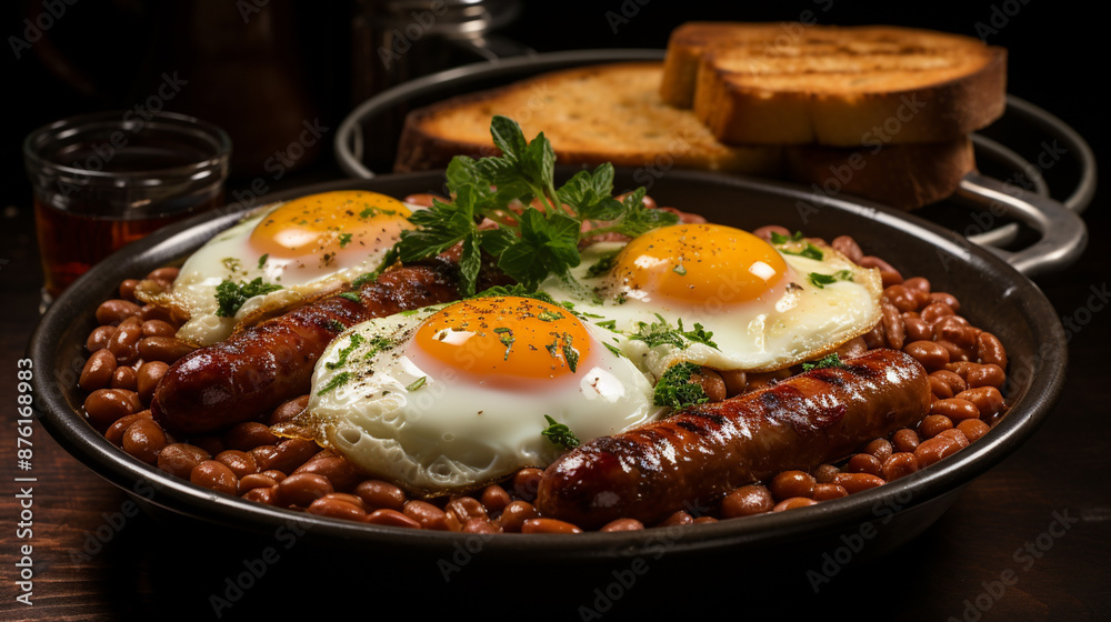 English breakfast with two eggs sausage beans English breakfast with two eggs sausage beans
