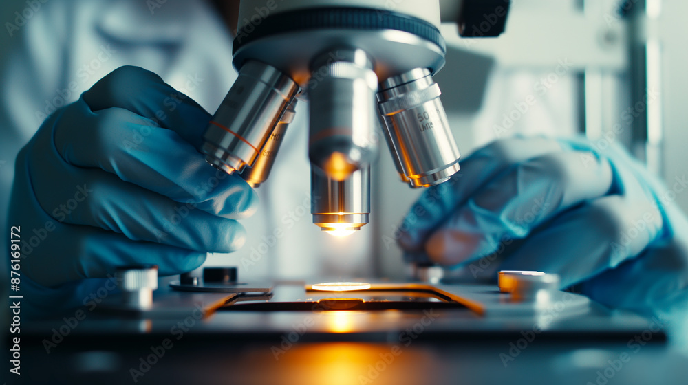 The hand of a scientist in blue gloves using a microscope for research in a scientific laboratory The hand of a scientist in blue gloves using a microscope for research in a scientific laboratory