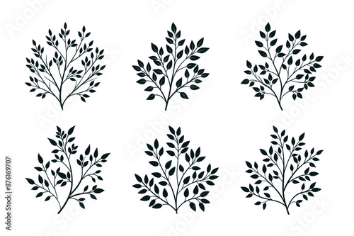 Bundle of six Vector Silhouettes of Tree Branches with Leaves. It Can be used for cards, posters, children's books, illustrations or other design projects.