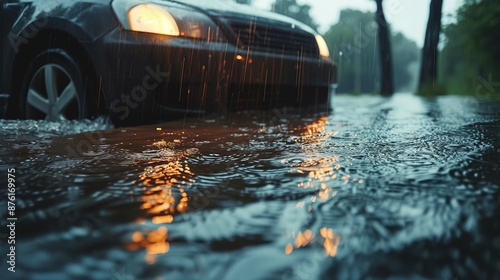 Car Driving Through a Flooded Road During a Rainy Day