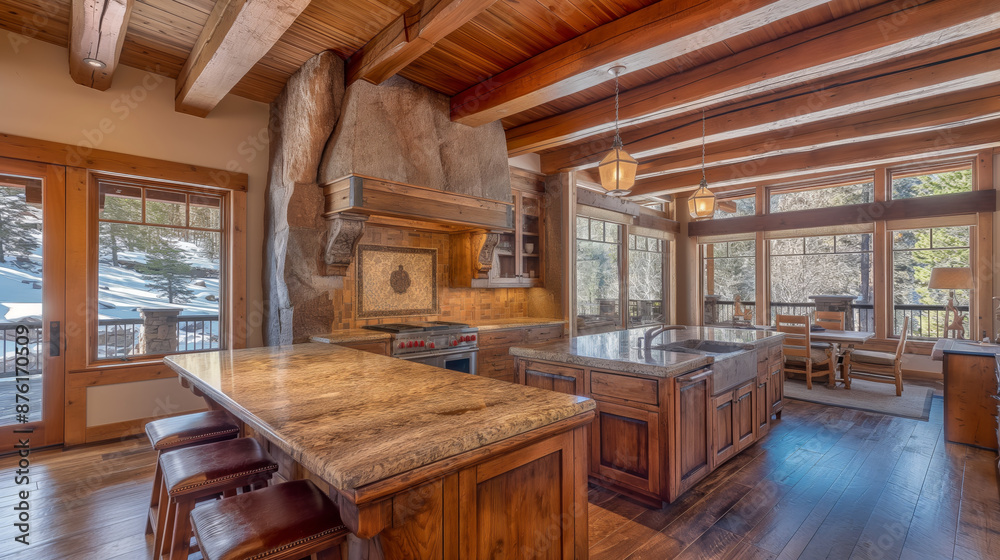 Rustic kitchen with wooden beams, stone accents, and large windows offering scenic views. Features include a spacious island with granite countertops, a cozy dining area, and warm natural lighting