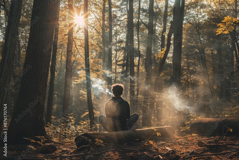 Reflective Moment in Sunlit Forest: Peaceful Solitude and Nature Exploration Reflective Moment in Sunlit Forest: Peaceful Solitude and Nature Exploration