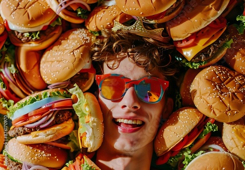 Young man wearing sunglasses and a crown is surrounded by a large number of burgers. photo