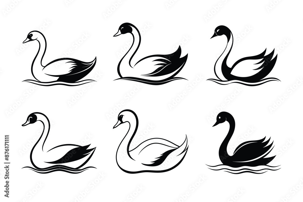 Elegant Swan Silhouette Bundle: 6 Versatile Vector Designs for Graceful Projects: Enhance your designs with this collection of 6 swan silhouettes. Perfect for logos, invitations, wall art, branding. Elegant Swan Silhouette Bundle: 6 Versatile Vector Designs for Graceful Projects: Enhance your designs with this collection of 6 swan silhouettes. Perfect for logos, invitations, wall art, branding.