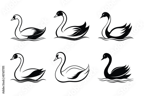 Elegant Swan Silhouette Bundle: 6 Versatile Vector Designs for Graceful Projects: Enhance your designs with this collection of 6 swan silhouettes. Perfect for logos, invitations, wall art, branding.