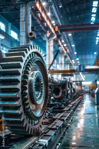 Massive Industrial Gears Turning in Modern High-Tech Factory with Bright Lighting