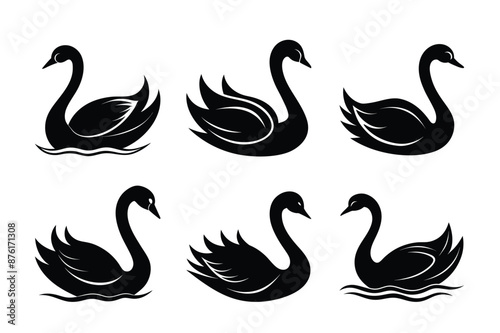 Elegant Swan Silhouette Bundle: 6 Versatile Vector Designs for Graceful Projects: Enhance your designs with this collection of 6 swan silhouettes. Perfect for logos, invitations, wall art, branding.