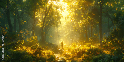 Orienteer Navigates Forest Path, Sunlight Dappled