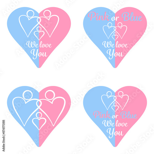 Pink or blue. We love you. Celebration stickers for gender reveal party. Boy or girl. He or she. Know gender of unborn child. Baby Shower party decor.