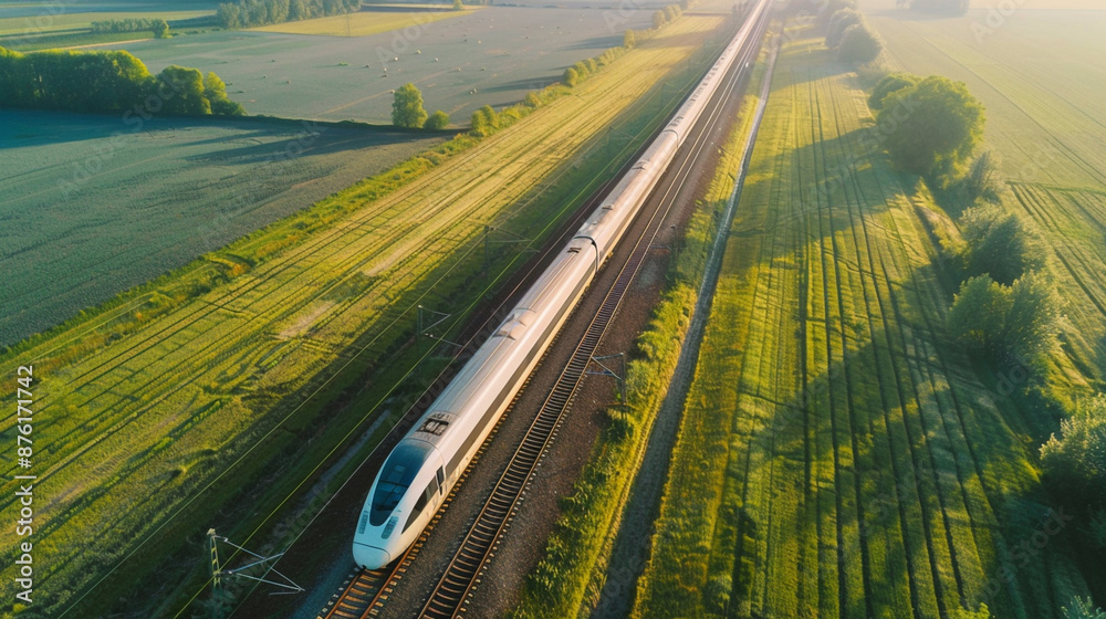 Aerial view of a high speed train moving in sunny weather in green fields Aerial view of a high speed train moving in sunny weather in green fields