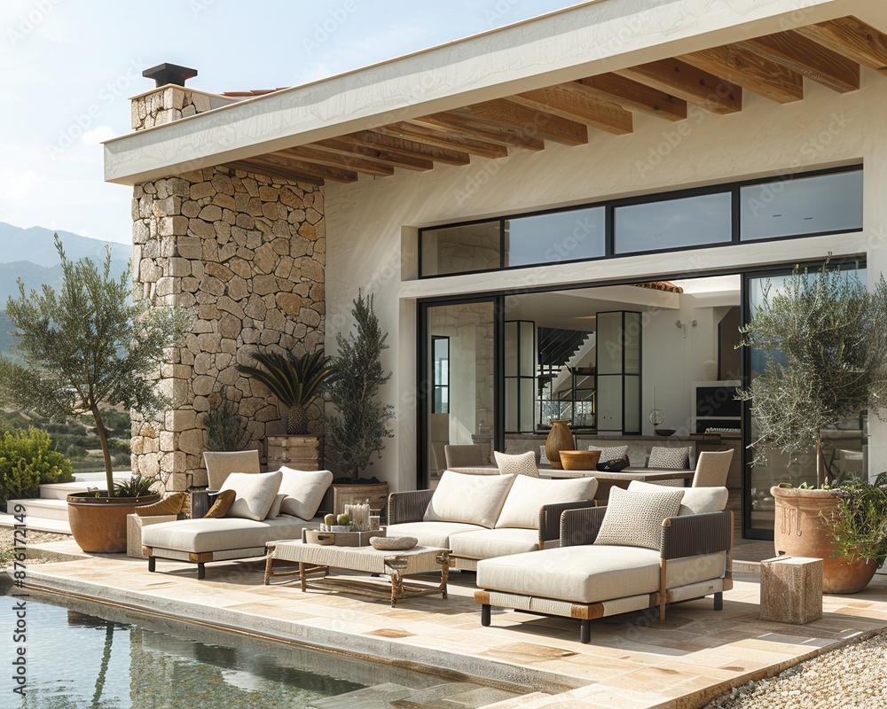 Serene Mediterranean Inspired Patio with Large Potted Olive Tree and Stylish Seating Area Serene Mediterranean Inspired Patio with Large Potted Olive Tree and Stylish Seating Area