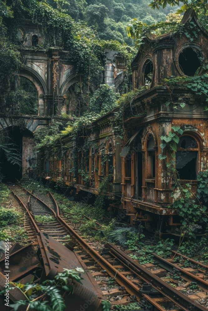 Fototapeta premium Abandoned Train Station Overtaken by Nature with Rusted Train and Overgrown Vines