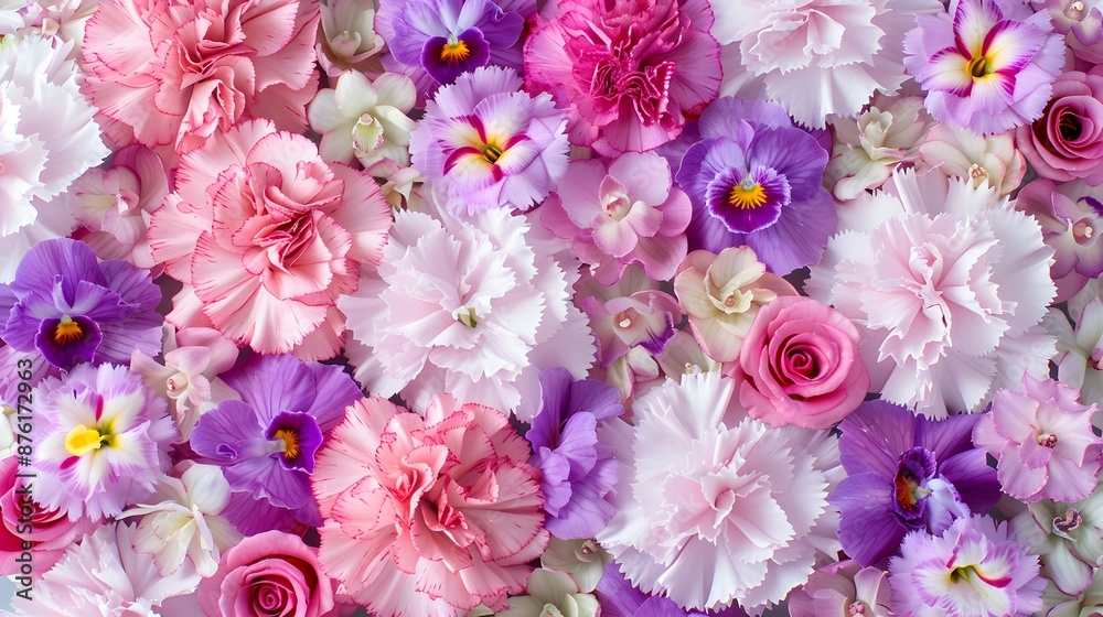 Colorful flower bouquet background made of pink and purple carnation and orchid flowers wall for background and wallpaper. 