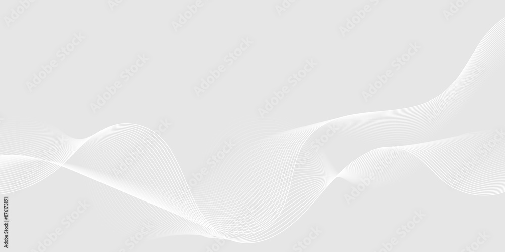 Abstract white wave dynamic curve lines on gray background with flowing particles. Digital energy waves technology concept. Modern backdrop design for business, presentation, banner.