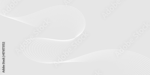 Abstract white wave dynamic curve lines on gray background with flowing particles. Digital energy waves technology concept. Modern backdrop design for business, presentation, banner.