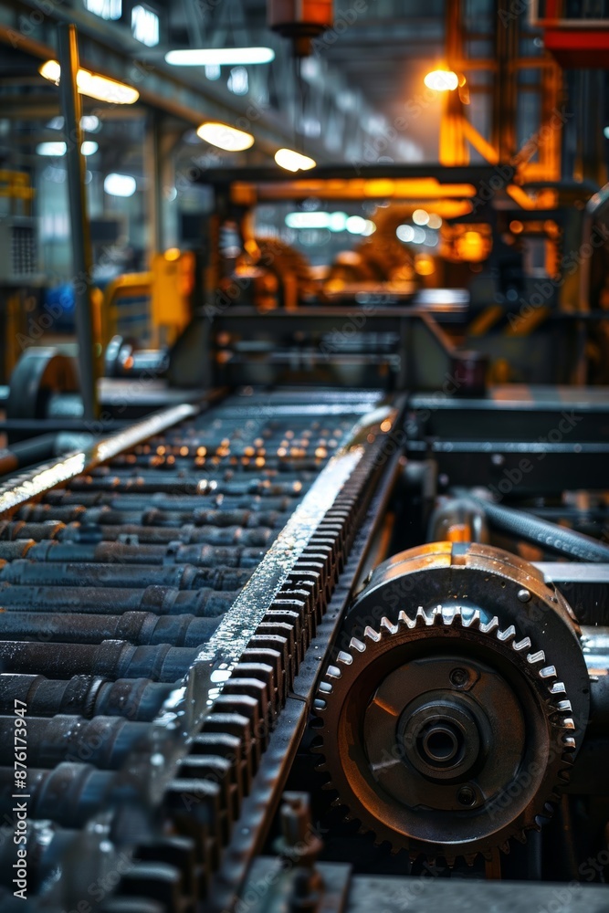 Fototapeta premium Industrial Manufacturing Process with Gears and Conveyor Belt in Factory Setting