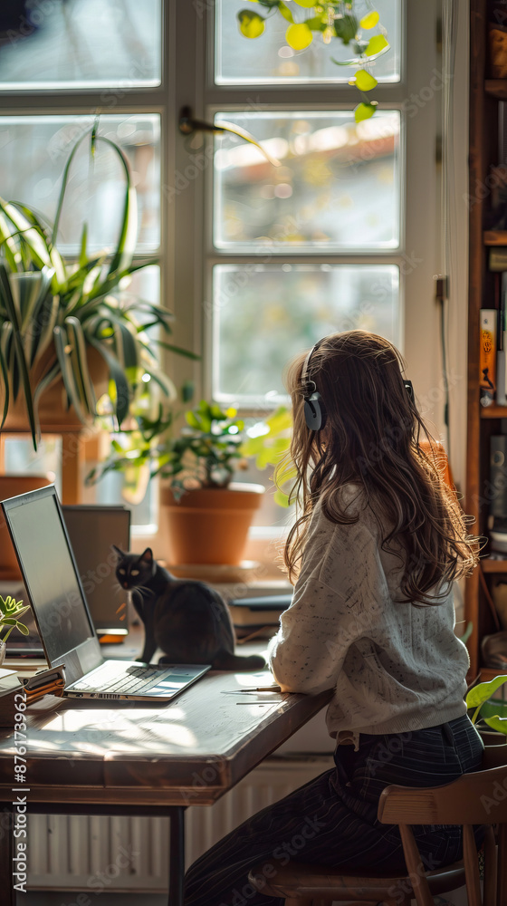 Woman Working at Home Office with Laptop and Cat on Desk Woman Working at Home Office with Laptop and Cat on Desk