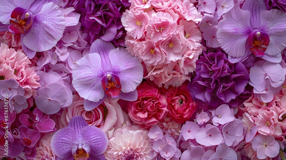 Colorful flower bouquet background made of pink and purple carnation and orchid flowers wall for background and wallpaper. Colorful flower bouquet background made of pink and purple carnation and orchid flowers wall for background and wallpaper.