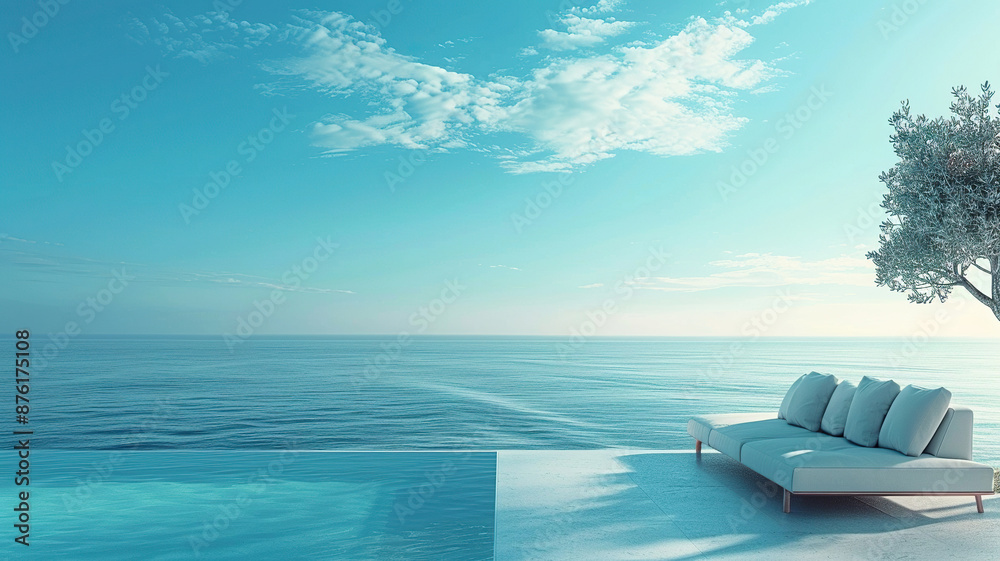 Fototapeta premium Luxurious ocean views from the hotel pool. Hotel resort poolside backdrop.