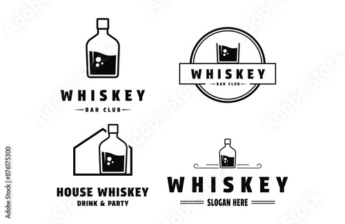 set collection bottle of wine whiskey logo design concept vintage retro style