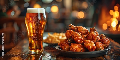 A tempting plate of chicken wings and beer on a cozy pub table