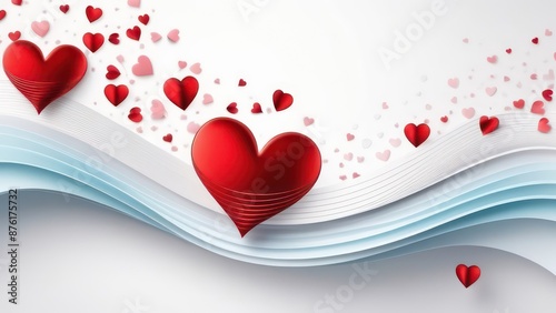 Abstract flowing waves with hearts on white background with copy space. St.Valentine's Day, Love, Wedding concept.