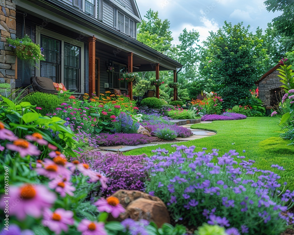 Naklejka premium Serene Oasis: Captivating Backyard with Flowering Shrubs and Lush Greenery