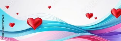 Banner abstract flowing waves with hearts on white background with copy space. St.Valentine's Day, Love, Wedding concept.