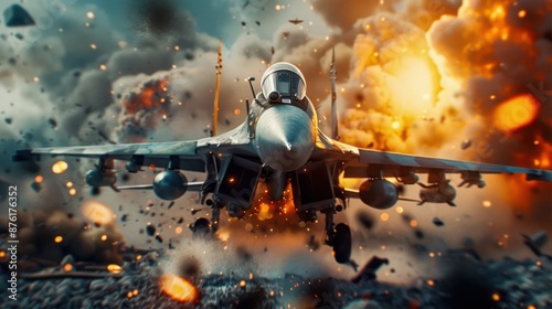 Fighter Jet Engaged in High-Speed Aerial Combat, Explosions and Smoke Fill the Sky, Dramatic Air Warfare Scene, Modern Military Aircraft in Action, Intense Dogfight, Warplane Battle, Fast-Paced