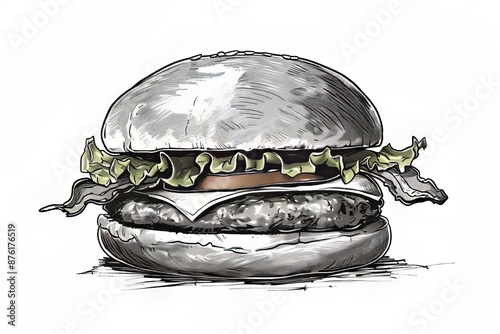 Black and white digital illustration of a beef patty, lettuce, tomato, cheese, and bacon burger with sesame seeds on top of the bun photo