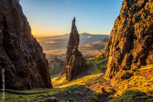 Golden sunrise from famous Needle viewpoint overlooking The Quiraing on The Isle of Skye, UK.