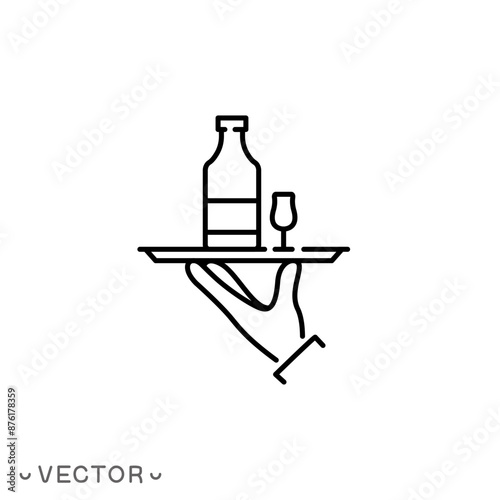 barman icon, barkeeper hand with wine bottle, sommelier expert or waiter, thin line symbol isolated on white background, editable stroke eps 10 vector illustration