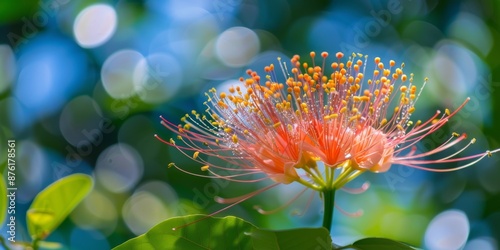 An abstract symphony of colors, flowers blooming like delicate fireworks against a blue sky, radiant in a emerald green tapestry photo