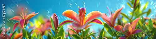 An abstract symphony of colors, flowers blooming like delicate fireworks against a blue sky, radiant in a emerald green tapestry photo